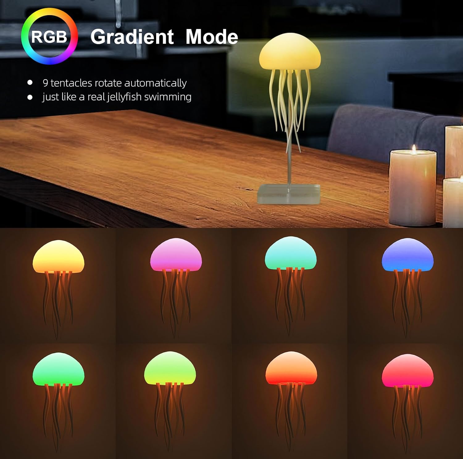 LED Cute Jellyfish Night Light, RGB Gradient Cute Jellyfish Bedside Lamp Voice Control Light Rechargeable - Type-C Table Lamp Bedside Lamp with Touch Sensor Lamp for Bedroom