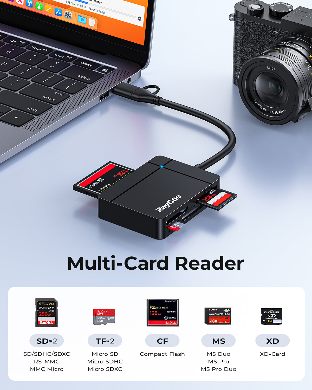 RayCue USB C USB3.0 Multi SD Card Reader, 7 in1 Memory Card Reader for SD/TF/CF/XD/MS